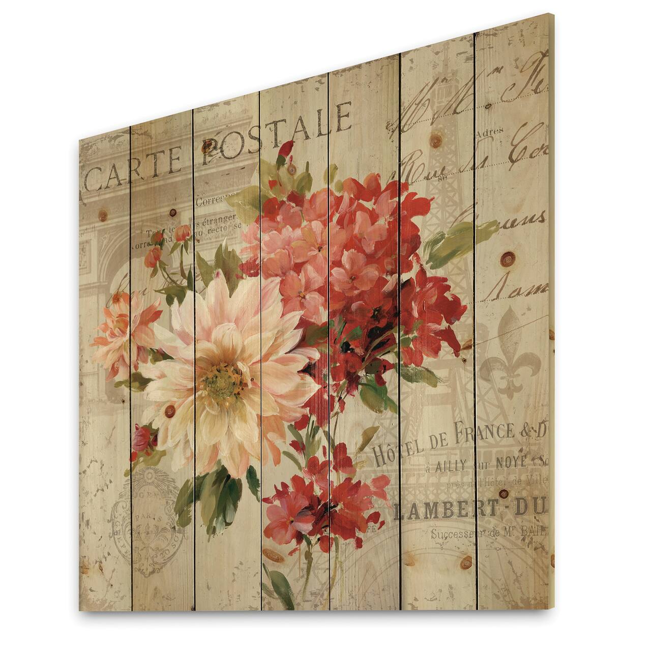 Designart - Red Painted Flowers on Vintage Postcard III - Farmhouse Print on Natural Pine Wood